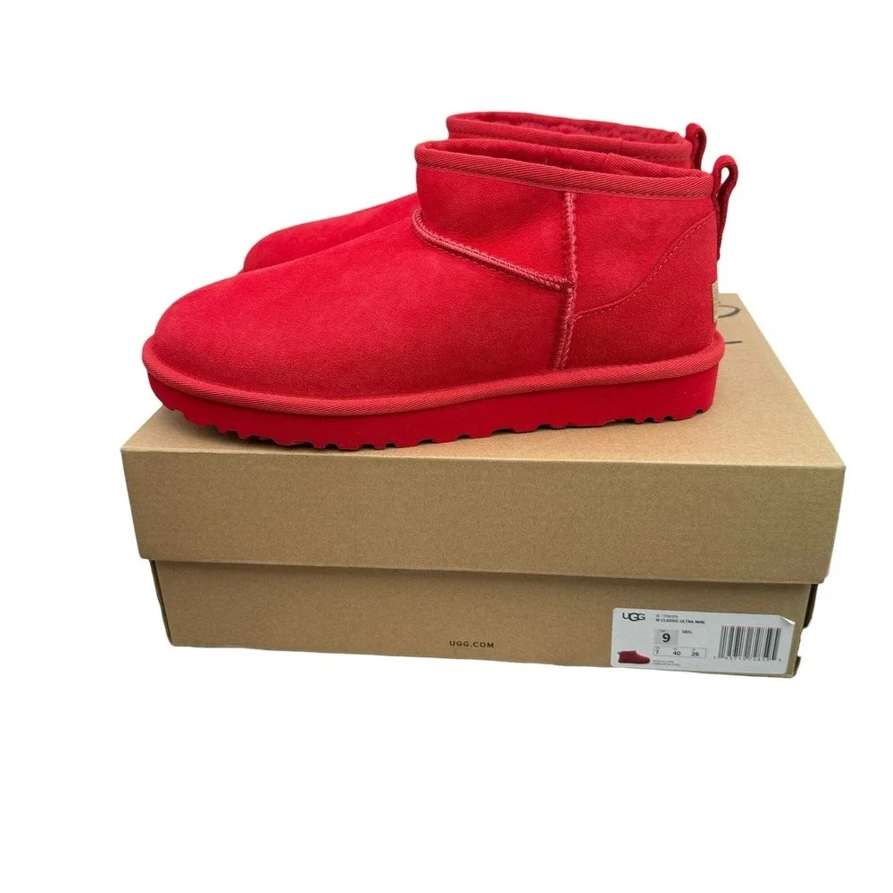 UGG Classic Ultra Mini Samba Red Suede Fur Comfort Womens Boots SZ US 9 NIB Read